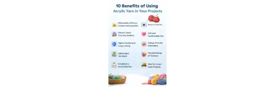 benefits of acrylic yarn, including affordability, vibrant colors, durability, lightweight, easy care