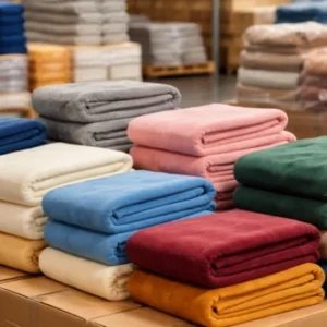 Stacks of folded blankets in various colors, including blue, pink, green, and red, are neatly arranged