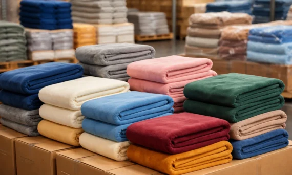 Stacks of folded blankets in various colors, including blue, pink, green, and red, are neatly arranged