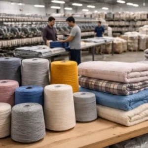 colorful yarn and folded textiles are on a table in a bright warehouse, where two workers are sorting fabrics in the background