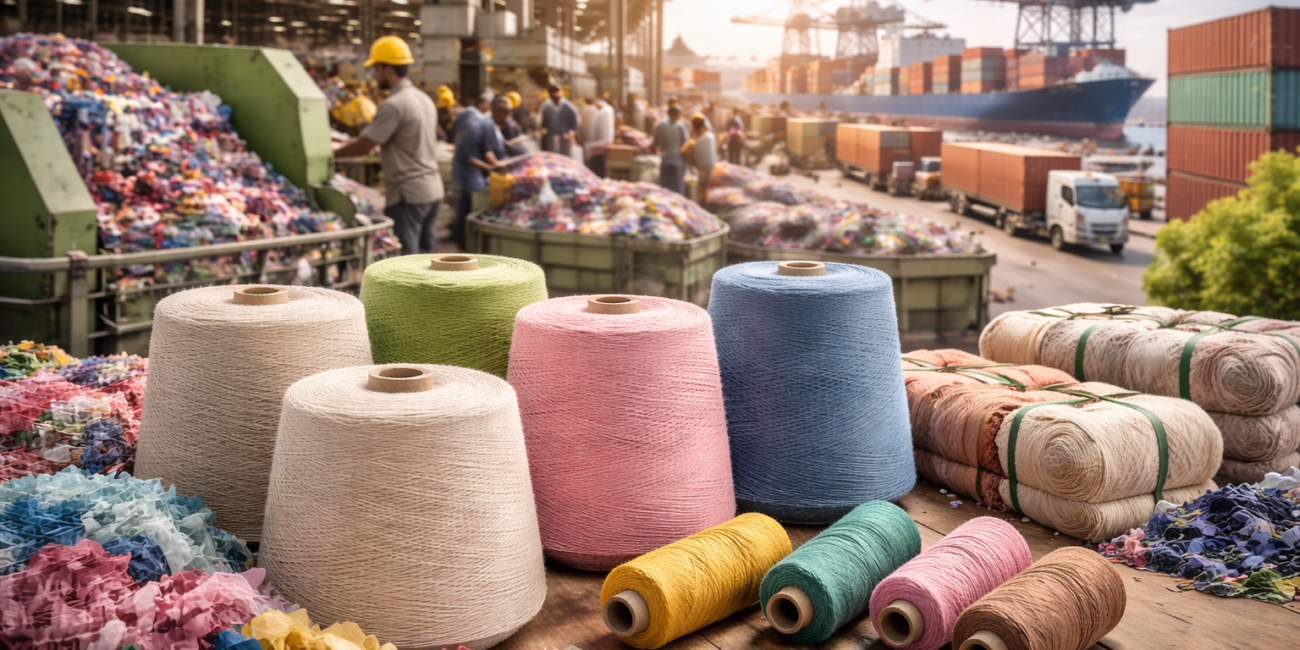 Large spools of colorful yarn and fabric scraps are arranged on a table at an industrial port, with containers