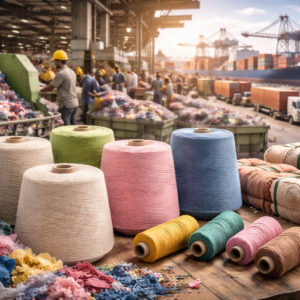 Large spools of colorful yarn and fabric scraps are arranged on a table at an industrial port, with containers