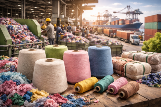 Large spools of colorful yarn and fabric scraps are arranged on a table at an industrial port, with containers