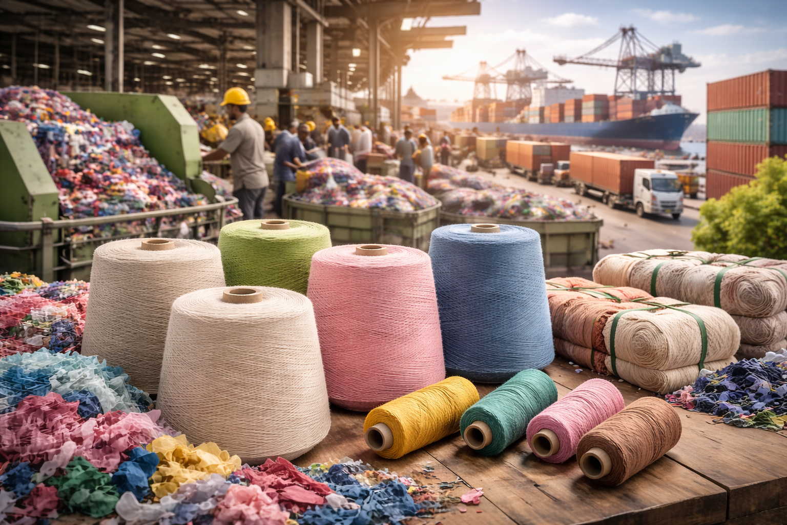 Large spools of colorful yarn and fabric scraps are arranged on a table at an industrial port, with containers