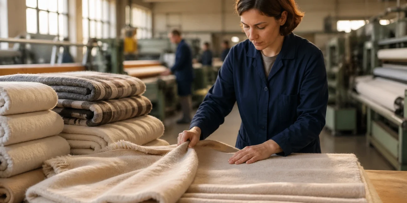 Quality control in blanket factory with fabric inspection scene