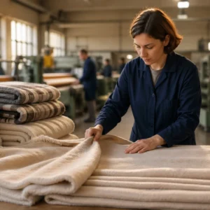 Quality control in blanket factory with fabric inspection scene