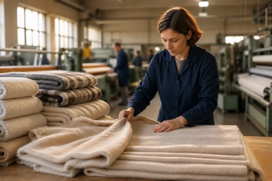 Quality control in blanket factory with fabric inspection scene
