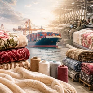 Blanket production line with fabric rolls and global shipping cargo