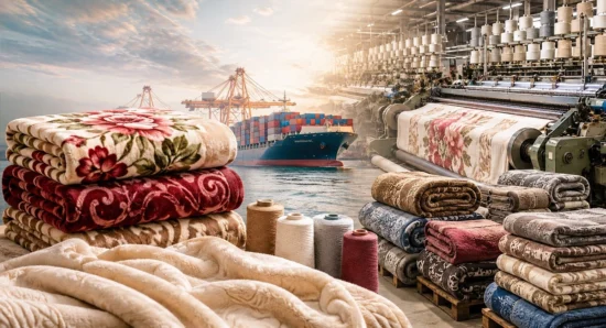 Blanket production line with fabric rolls and global shipping cargo