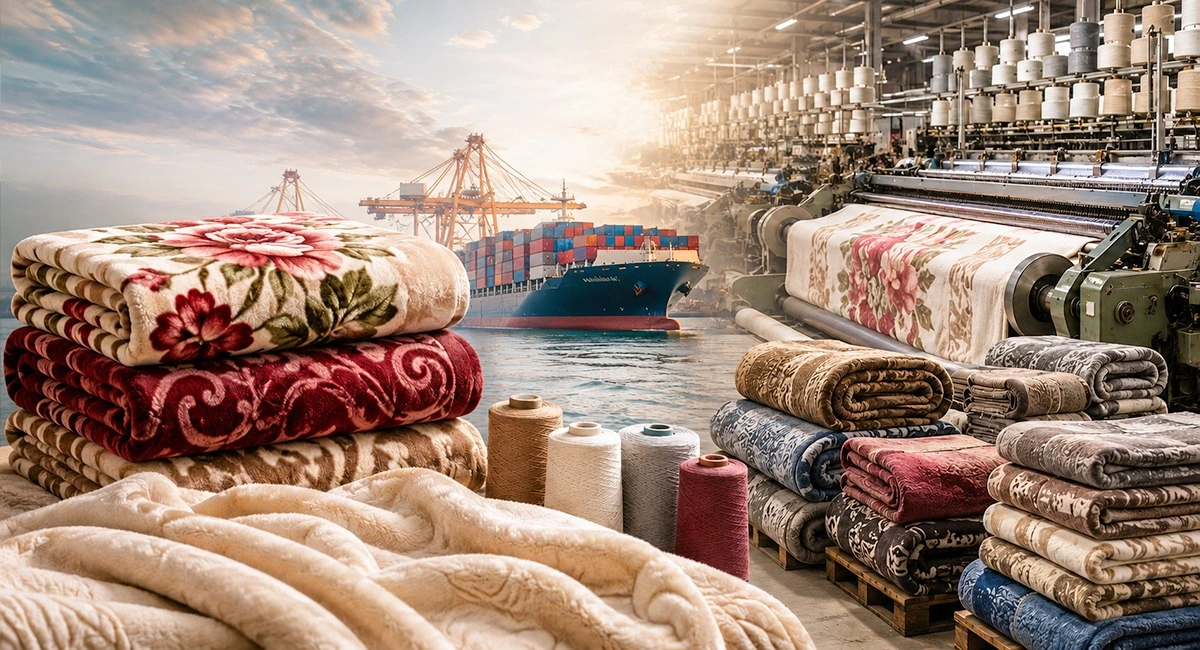 Blanket production line with fabric rolls and global shipping cargo