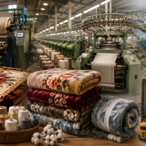 Blanket production process showing textile machinery, stacked blankets and industrial shipment.