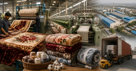 Blanket production process showing textile machinery, stacked blankets and industrial shipment.