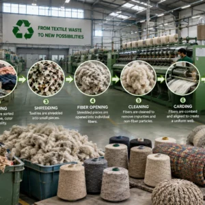 Textile waste being processed into recycled yarn inside a modern textile recycling factory