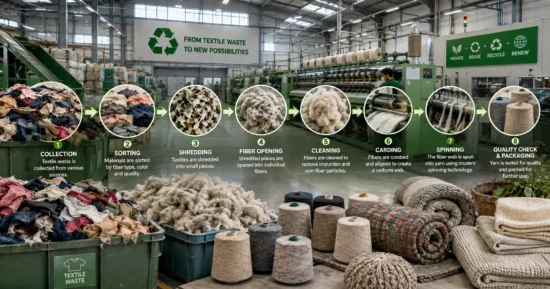 Textile waste being processed into recycled yarn inside a modern textile recycling factory