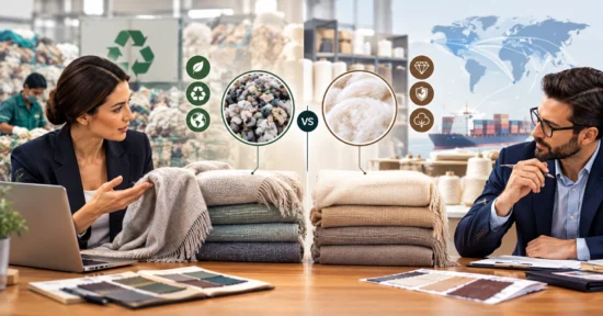 Business buyers evaluating recycled and virgin cashmere textiles from suppliers