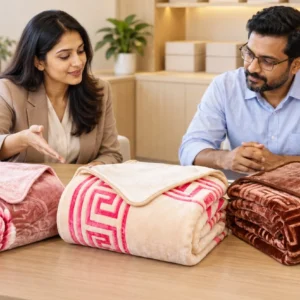 Retail buyers reviewing blanket samples with a manufacturer