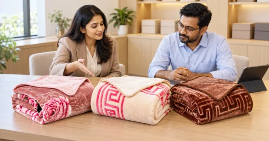 Retail buyers reviewing blanket samples with a manufacturer