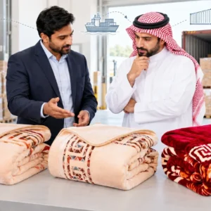 Indian textile supplier discussing blanket exports with a Saudi buyer
