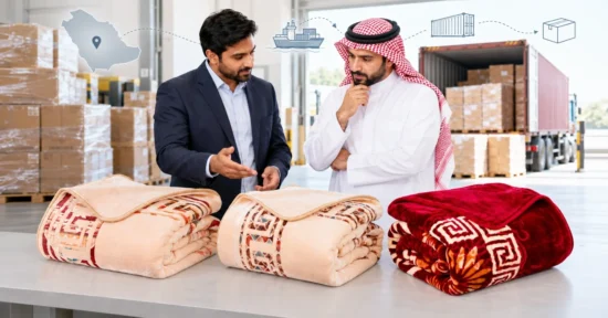 Indian textile supplier discussing blanket exports with a Saudi buyer